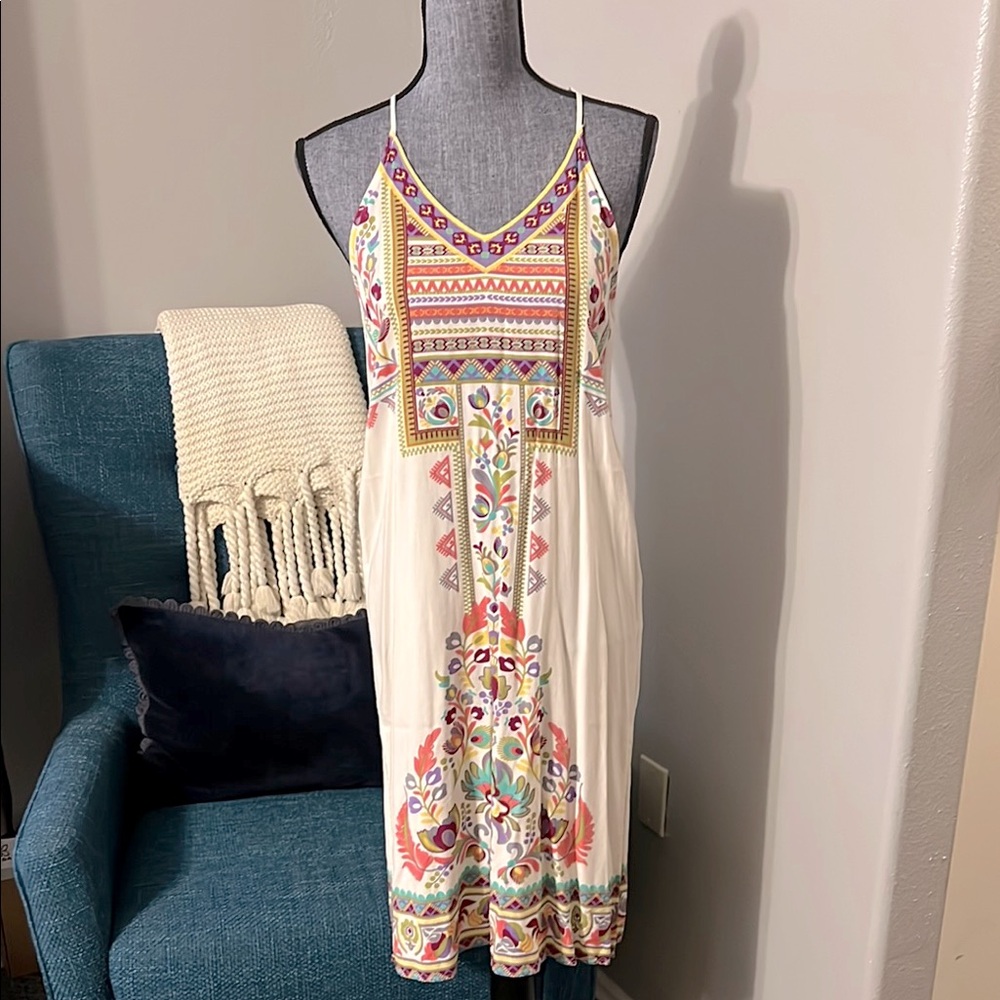Flying Tomato Cream Midi Dress with Multicolor Embroidery